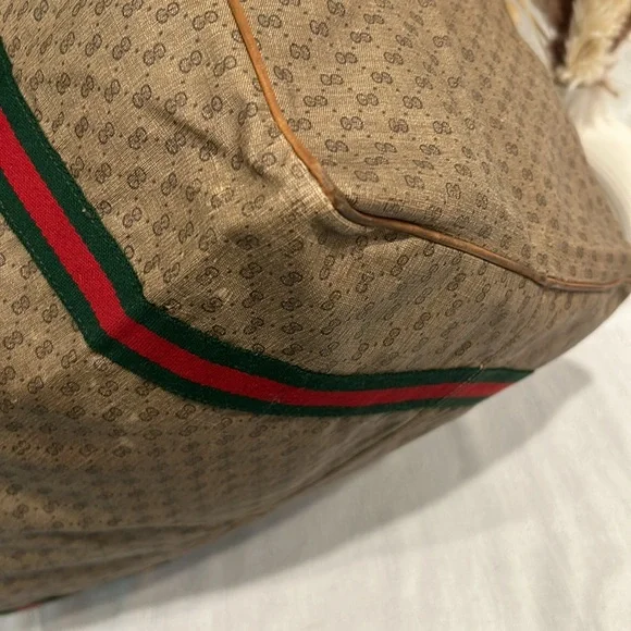 Gucci Duffle Bag GG Logo Canvas Brown Leather Trim Folding Travel Carry On - Picture 7 of 13